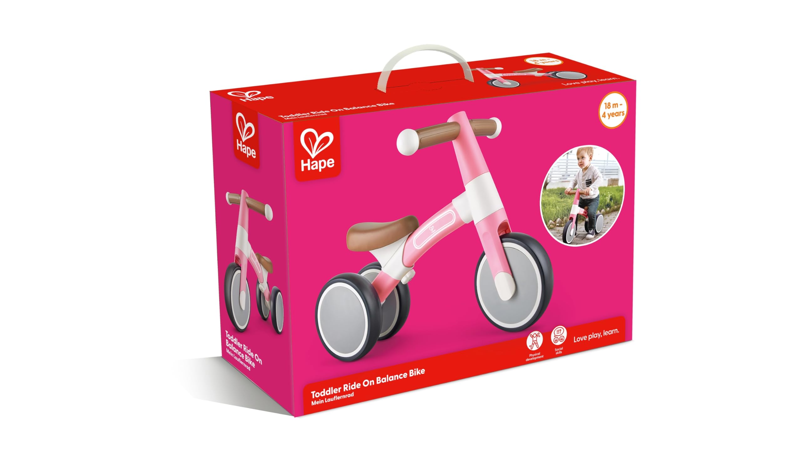 Hape Outdoor Draisienne 3 Roues Bébé Rose - Enfant 18 Mois et Plus - pour l'Équilibre, la Coordination et la Motricité - Cadre Léger en Aluminium, Siège Ergonomique & Réglable - Direction à 60°