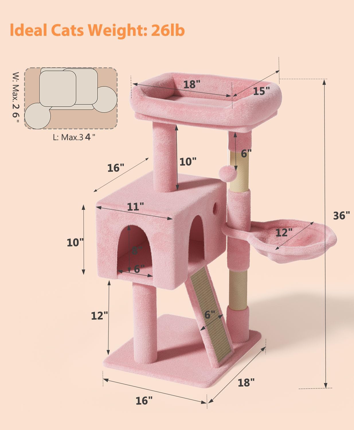 Cat Tree Tower for Indoor Cats Large Adult,Cute/Tall Modern Cat Tree for Big Cats 20 lbs,Plush Multi-Level Cat Condo with Scratching Posts,Hammock, Dangling Ball (Soft Pink, 36 inch)