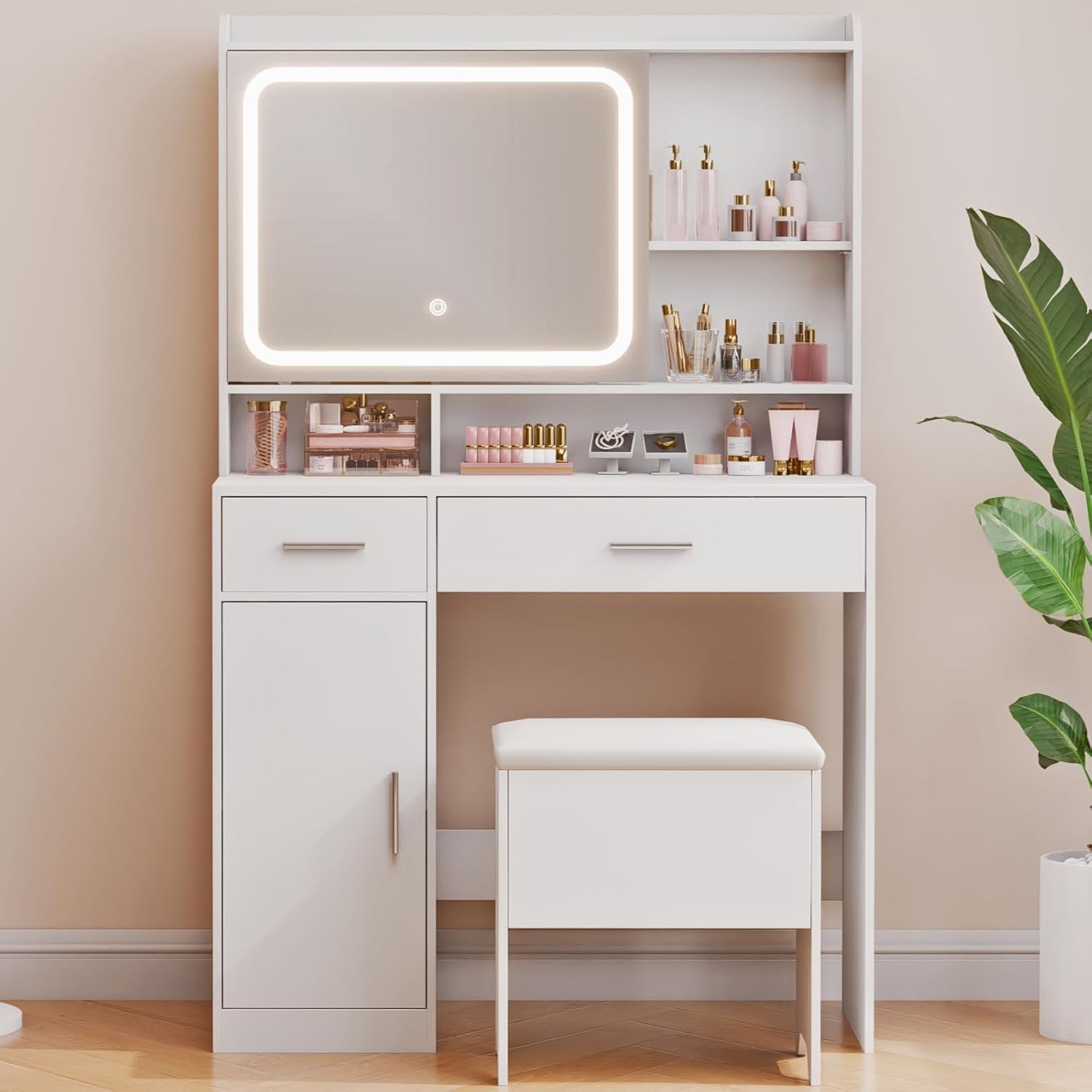 Vanity Desk with Sliding Mirror & Power Outlets - Dimmable LED Lighting, 4 Open Shelves, 2 Drawers, 1Storage Cabinet & Padded Stool - Ideal Bedroom Makeup Dressing Table （White）