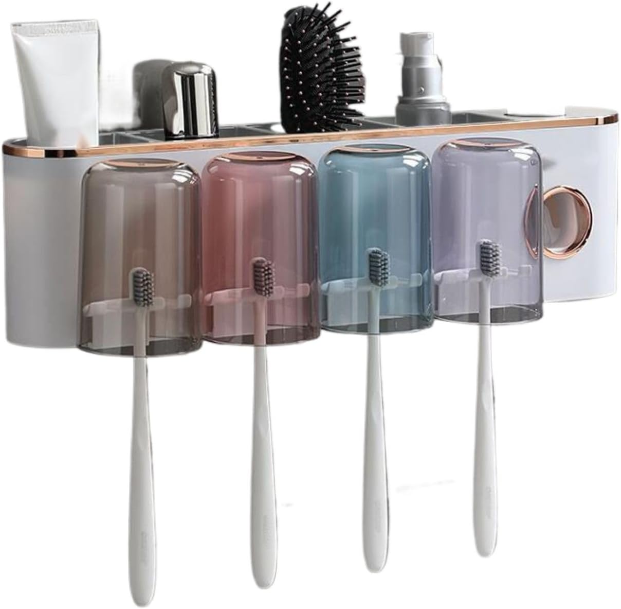 刷置物架 Under Sink Storage for Kitchen Bathroom Cabinet,挤器电动漱口杯刷杯子家庭收纳免打孔卫生间壁挂-4杯+灰金色【带挤器】