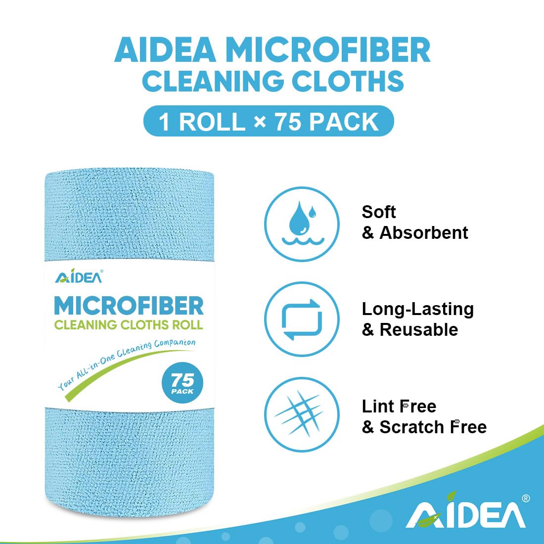AIDEA Blue Microfiber Cleaning Cloth Roll-75PK, Reusable Paper Towels, Tear Away Towels, Washable Shop Rags, Microfiber Towels for Cars, Lint Free Cleaning Rags for House, Kitchen, Window-11.5"11.5" - Image 2