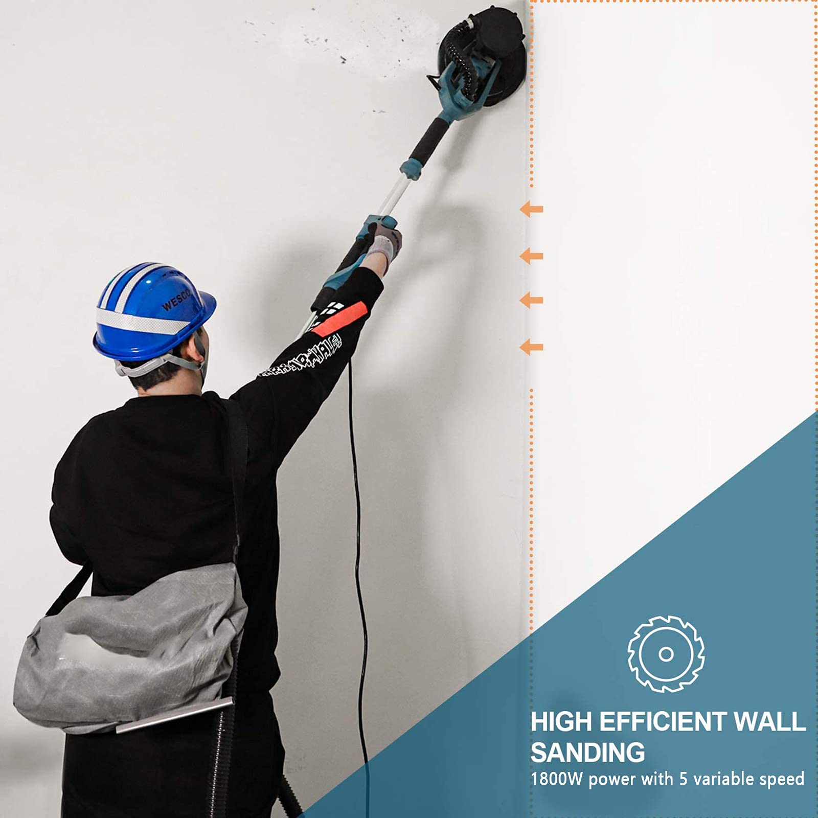 Herramientas para lijadora de paneles de yeso, lijadora de pared de 5 velocidades variables de 1000-2100 RPM con accesorio de vacío, luz LED, mango extensible, manguera larga para polvo, 20 discos d