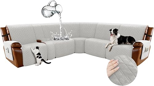 Miniatura 28 de Arfntevss - Fundas impermeables para sofá seccional reclinable en forma de L, funda antideslizante lavable para sofá reclinable, juego de fundas en