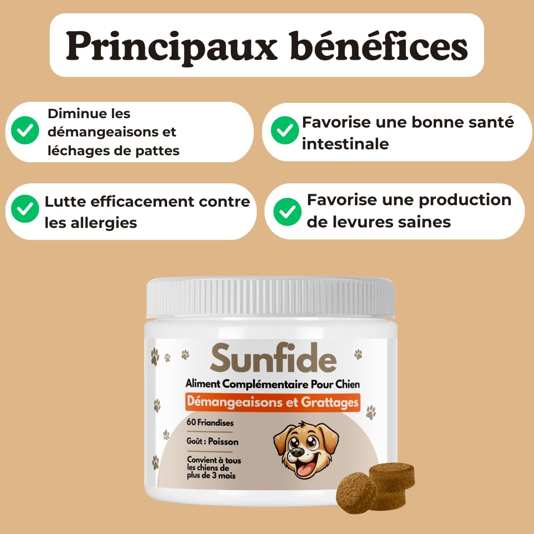 SUNFIDE - Démangeaisons - Complément Alimentaire pour Chien - Contre Les Démangeaisons, Léchages - Oméga 3 - Probiotiques pour Chien - Contre Les Allergies (1 Boîte (60 Friandises au Poisson))