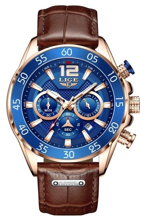 Image of LIGE Men's Watch Chronograph Genuine Brown Leather Strap Rose Gold Case with Date, Luminous Hand Analog Watches for Men | Gift for Men