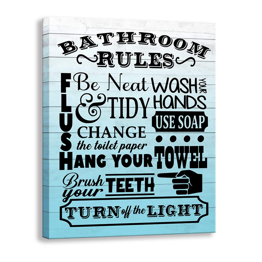 Kas Home Bathroom Canvas Wall Art | Rustic Bathroom Funny Rules Prints Signs Framed | Wood Background Bathroom Laundry Room Decor (12 x 15 inch, Bathroom Rules - 03)