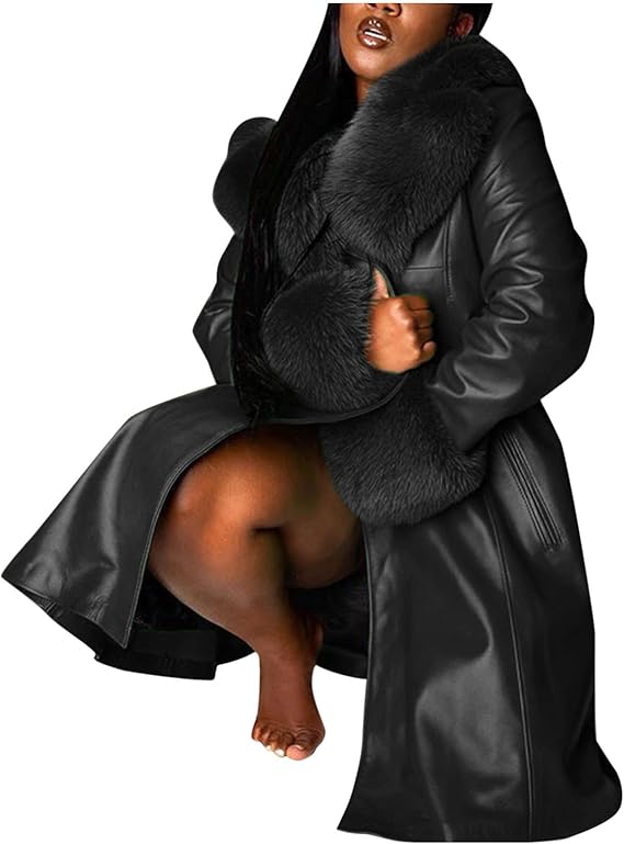 5665 Faux Leather Long Jackets for Women with Fur Collar Button Down Ladies  Lapel Outwear Trench Coat Cardigan Thicken : Amazon.ca: Clothing, Shoes u0026  Accessories