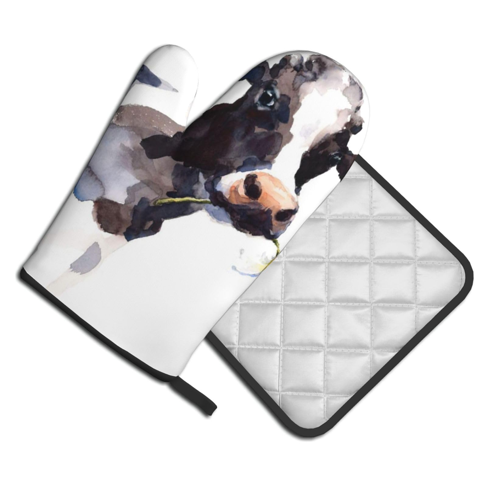 Oven Mitts and Pot Holders Set of 2 Pcs, Cow And Daisy Flower Printed Heat Resistant Kitchen Gloves Potholders for Cooking Baking Grilling