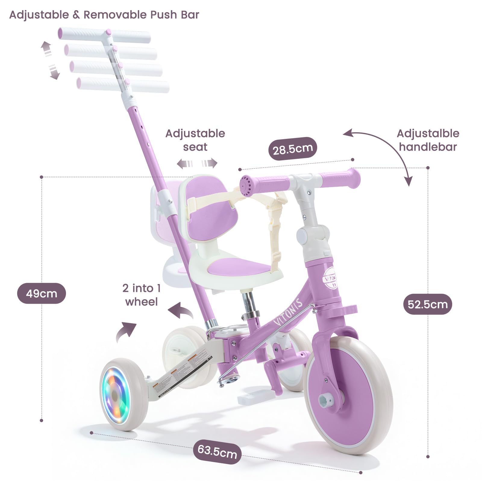 VITONIS Triciclo Infantil 5 en 1 para niños de 18 Meses a 5 años, con Ruedas Luminosas, Barra de Empuje, Respaldo y cinturón de Seguridad, Regalo para niños y niñas, Bicicleta sin Pedales, Morado