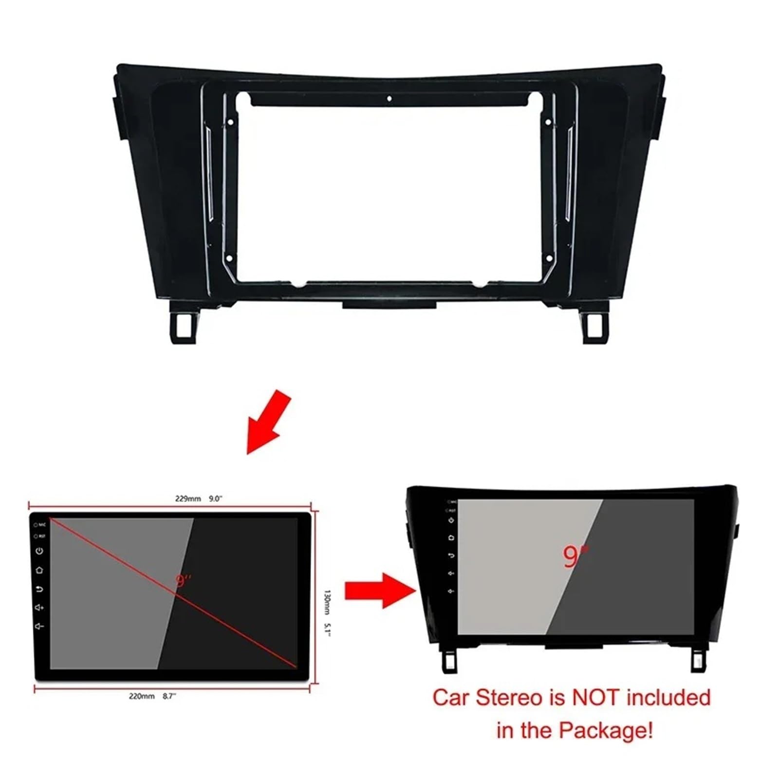 Fascia Marco Kit Adaptador Marco Radio 2din Panel Salpicadero Coche 9 Pulgadas Ajuste Audio Tablero para Nissan para Qashqai para X-Trail 2015-2018 Juego Panel Radio