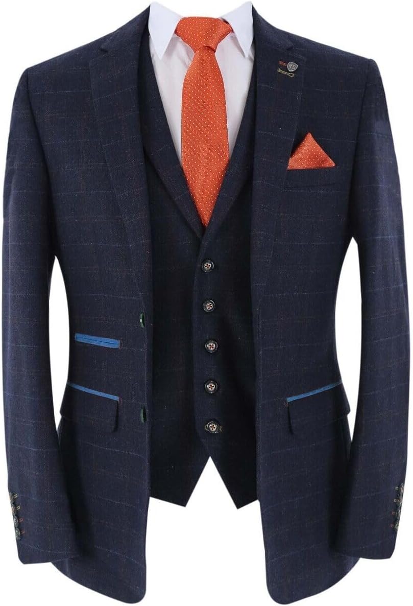 Mens Boys Tweed Windowpane Check Matching Suit Navy Blue Wedding Pageboy Tailored Fit Formal 3 Piece Set