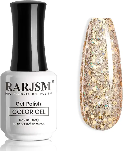 Champagne Gold Glitter Gel Nail Polish - Sparkly Holographic Manicure