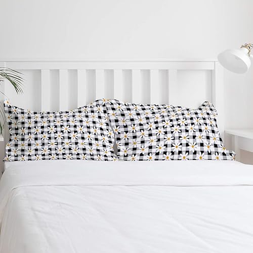 Miniatura 4 de Juego de funda de edredón tamaño Queen de 3 piezas diseño de margaritas floral a cuadros blanco y negro suave con cierre de cremallera lazos en las