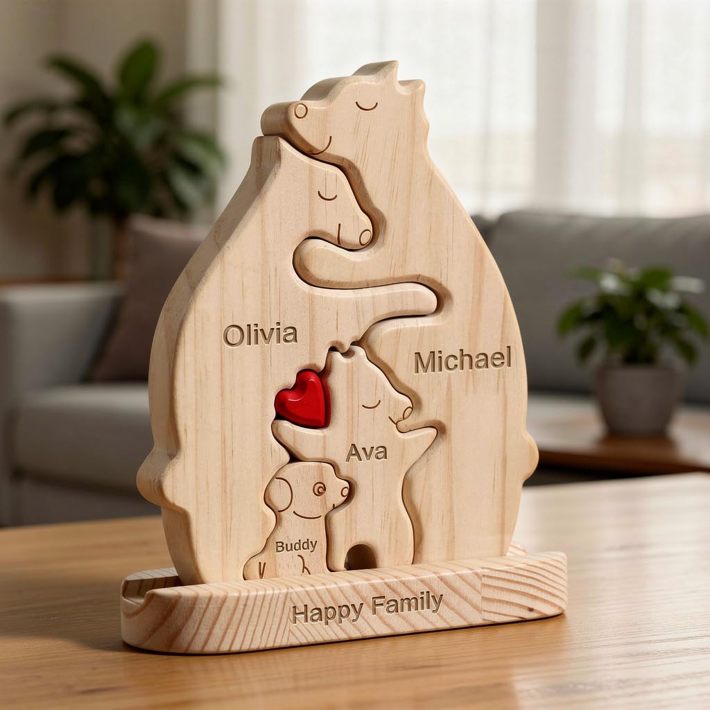 Personalised Wooden Bear Family Puzzle With A Dog, Custom Family Keepsake, Family of 2-6, Dog Owner, Large 6x4 inches, Engraved Gift, Mothers Day, Christmas, Baby Shower, Anniversary - MyFamilyPuzzle®
