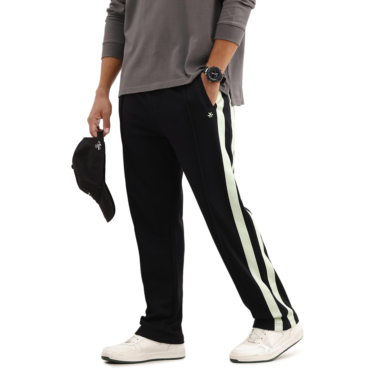 WROGN Men's Cotton Blend Knit Joggers | Contrast Side Stripe with Pin Tuck Detail | Relaxed Fit in neutral
