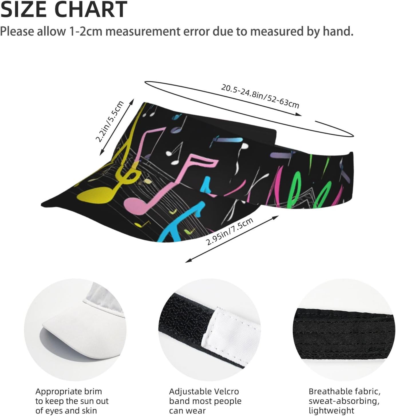 (Colorful Musical Note) Adult Sun Visor Hat Adjustable Open Top Sports Cap Breathable for Men Women Beach Vacation Essentials