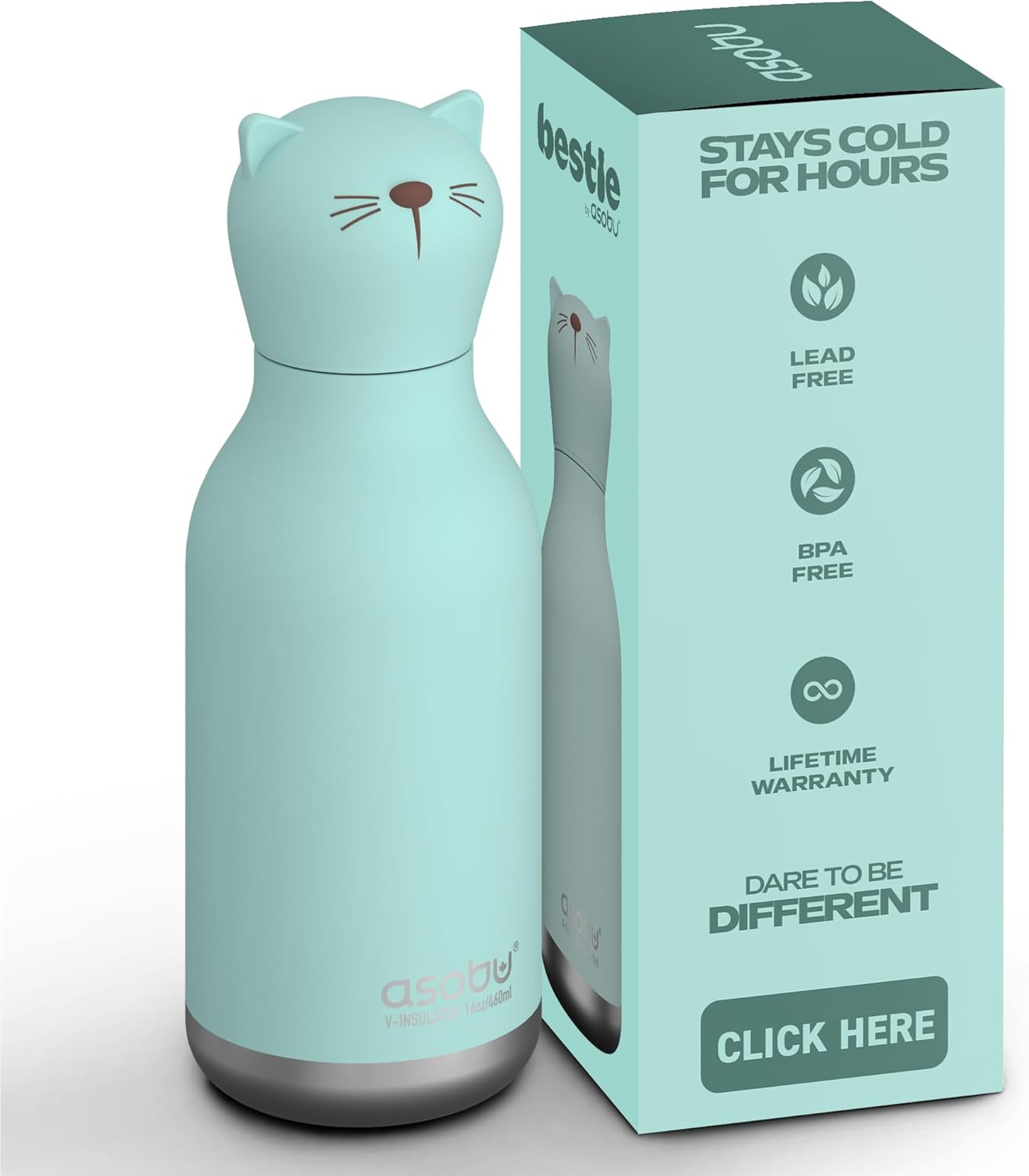 asobu Bestie Bottle Insulated Stainless Steel Water Bottle with Detachable Soft Animal Head Fun Drinking For Kids and Teens with Flexible Reusable Straw 16 Ounce (Cat)