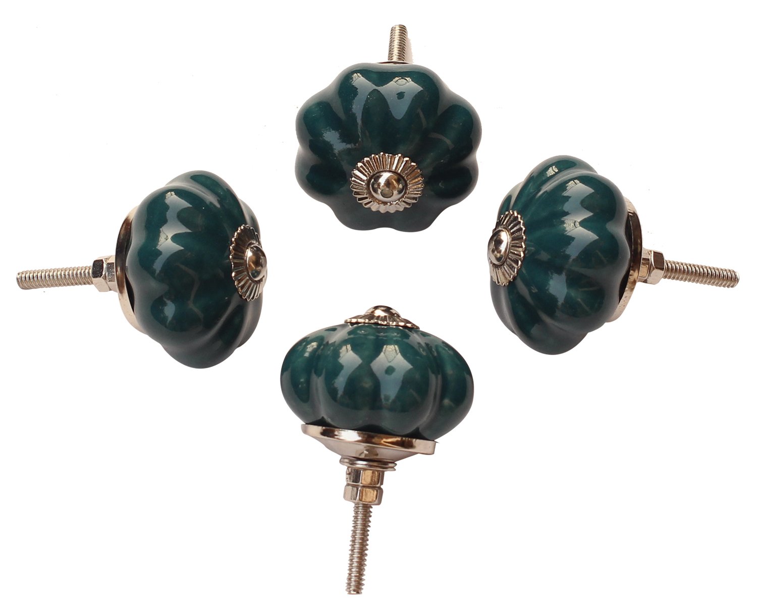 Cyber Monday Deals Week 2017 - Set of 4 Ceramic Firozi Green Pumpkin Decorative Antique Door Knobs-Pulls for Cabinet/Girls Dresser/Kids Cupboard/Kitchen Drawer Handles with Hardware Attached