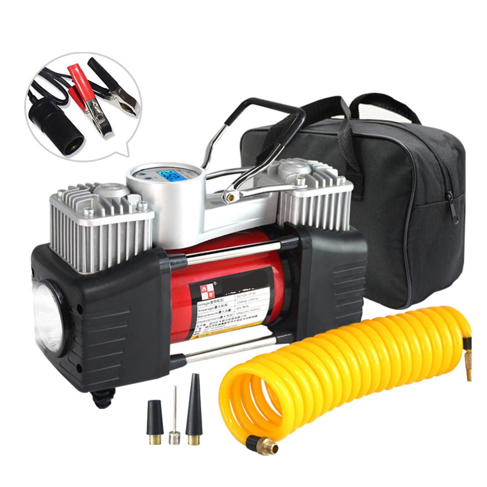 Cyfrowe ustawienie ciśnienia 12v sprężarka powietrza do nadmuchiwania opon samochodowych podwójny cylinder metalowy nadmuchiwacz do opon samochodowych wysokociśnieniowa pompa powietrza