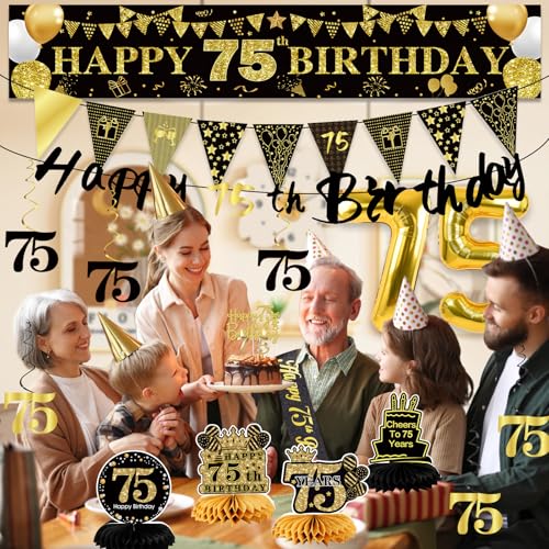 Image of 75th Birthday Decorations for Men, Black Gold 75th Party Decoration Kits | 27pcs Happy 75th Birthday Set: Banner, Honeycomb, Balloons, Gold Number, Candle, Hanging Swirls, Cake Topper, Party Supplies