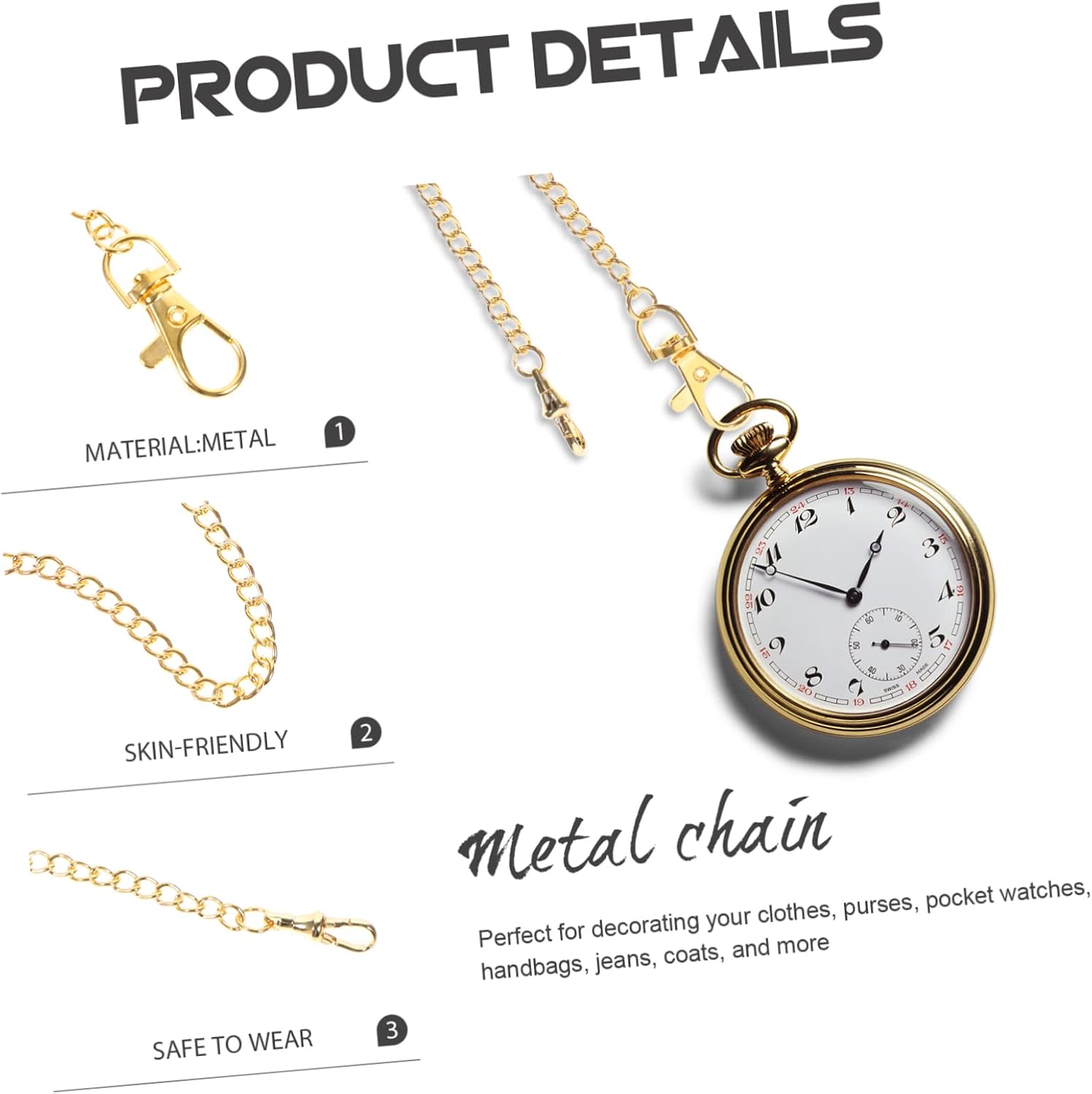 Ipetboom Vintage Pocket Watch Chain Lobster Clasp Metal Jean Chain Accessories for Men and Women for Clothing
