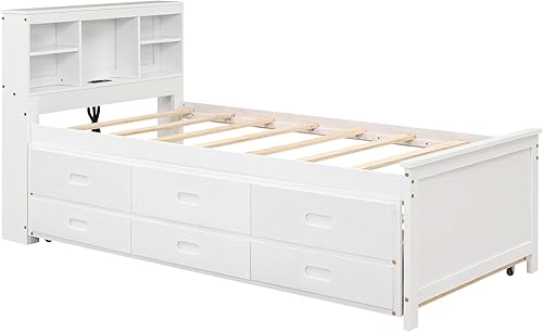 Miniatura 38 de Merax Cama de plataforma de madera tamaño individual con cama nido, no requiere somier, gris Gris,Espresso,Blanco