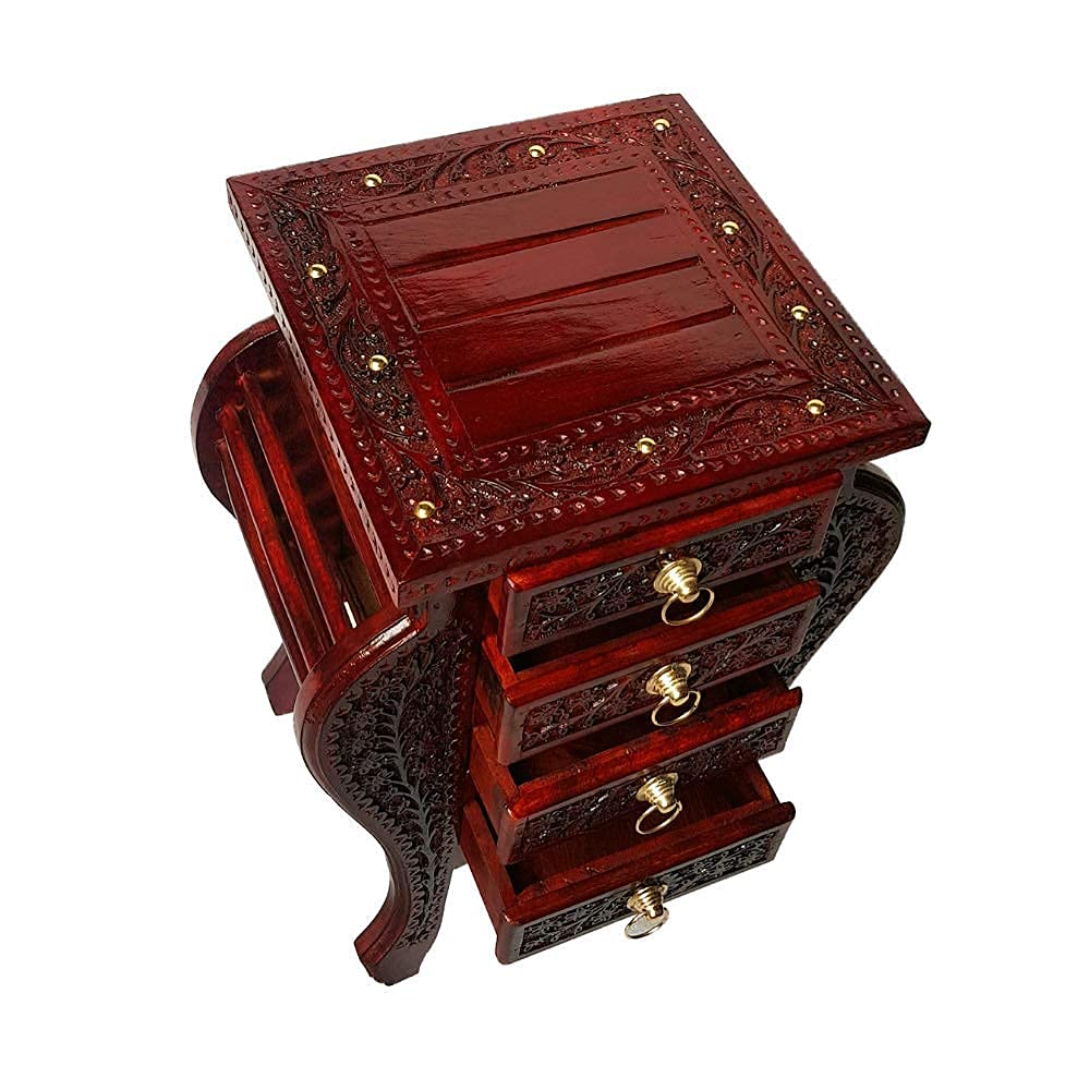 ANB ENTERPRISES Floral Carved Handmade Bedside Table with 4 Drawers Home Decor Furniture for Living Room & Bedroom Dark Brown Glossy Finish (1, Sheesham)