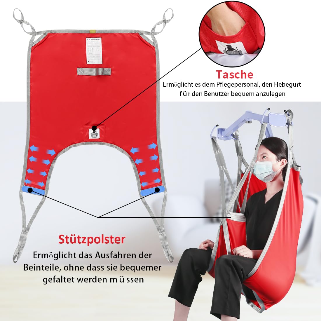 EZ Assistive Patientenlift Sling mit geteiltem Bein und unterem Rücken,Hebegurt für Transfer, Positionierung und Heben, 227kgs Tragkraft (Rot, Mittlere Größe)
