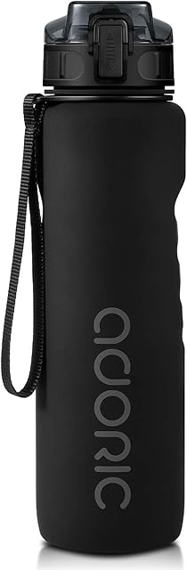 ADORIC Sports Water Bottle, BPA Free Tritan Non-Toxic Plastic Sport Water Cup, Durable Leak Proof Water Bottle with Filter, Flip Top, Black-1000ml