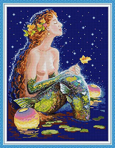 Stamped Cross Stitch Kits Full Range Of Embroidery Starter Kits For Beginners Diy 11Ct 3 Strands- Mermaid Under The Stars 45×57Cm #TOP4