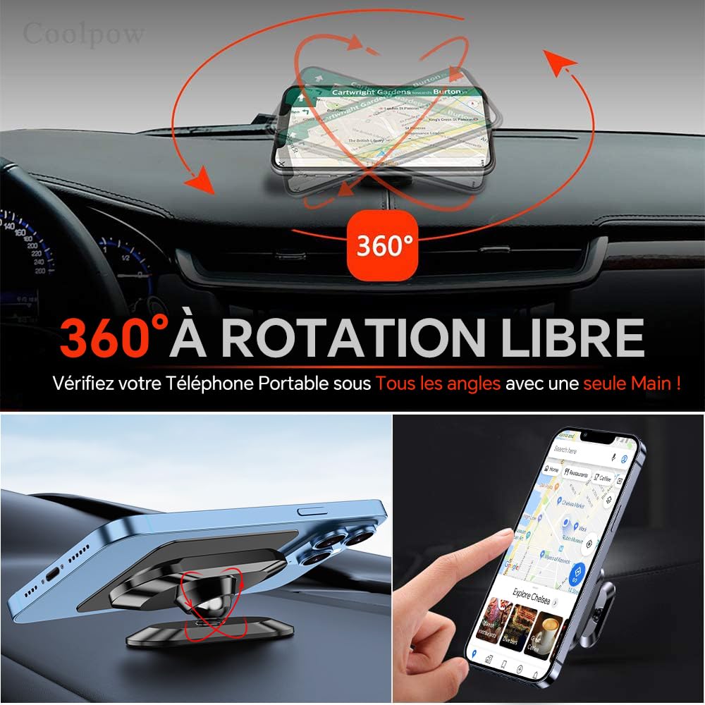 Coolpow Support Telephone Voiture Magnetique 【Lot De 2】Aimant Telephone Voiture【360°】Porte Telephone Voiture Portable Aimanté Adhésif Accessoire Voiture pour iPhone 17 Pro Max 16【avec Plaque de métal】