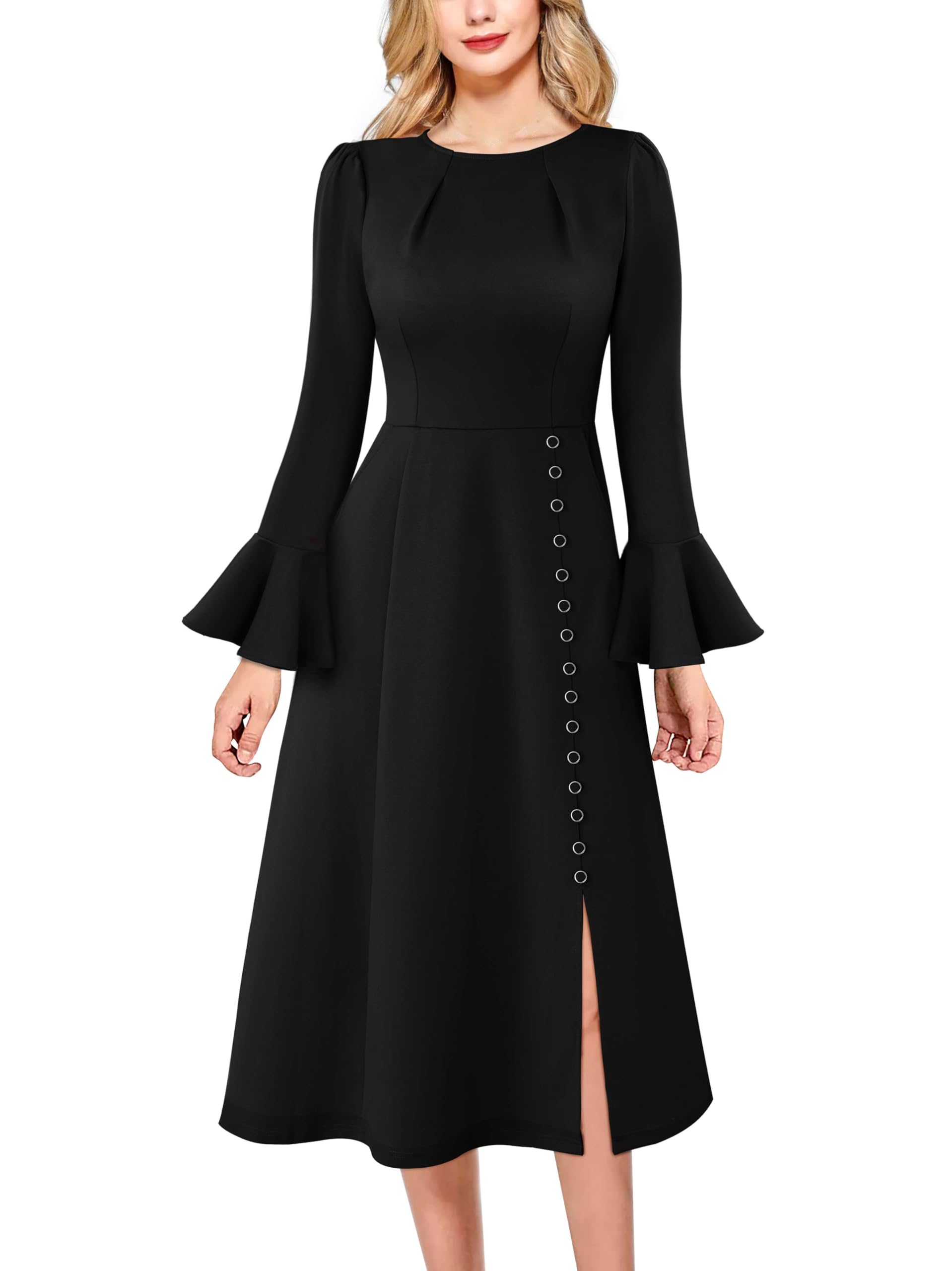 VFSHOW Womens Pleated Crew Neck Bell Sleeve Pockets Front Slit Buttons Business Work Office Slim Fit and Flare