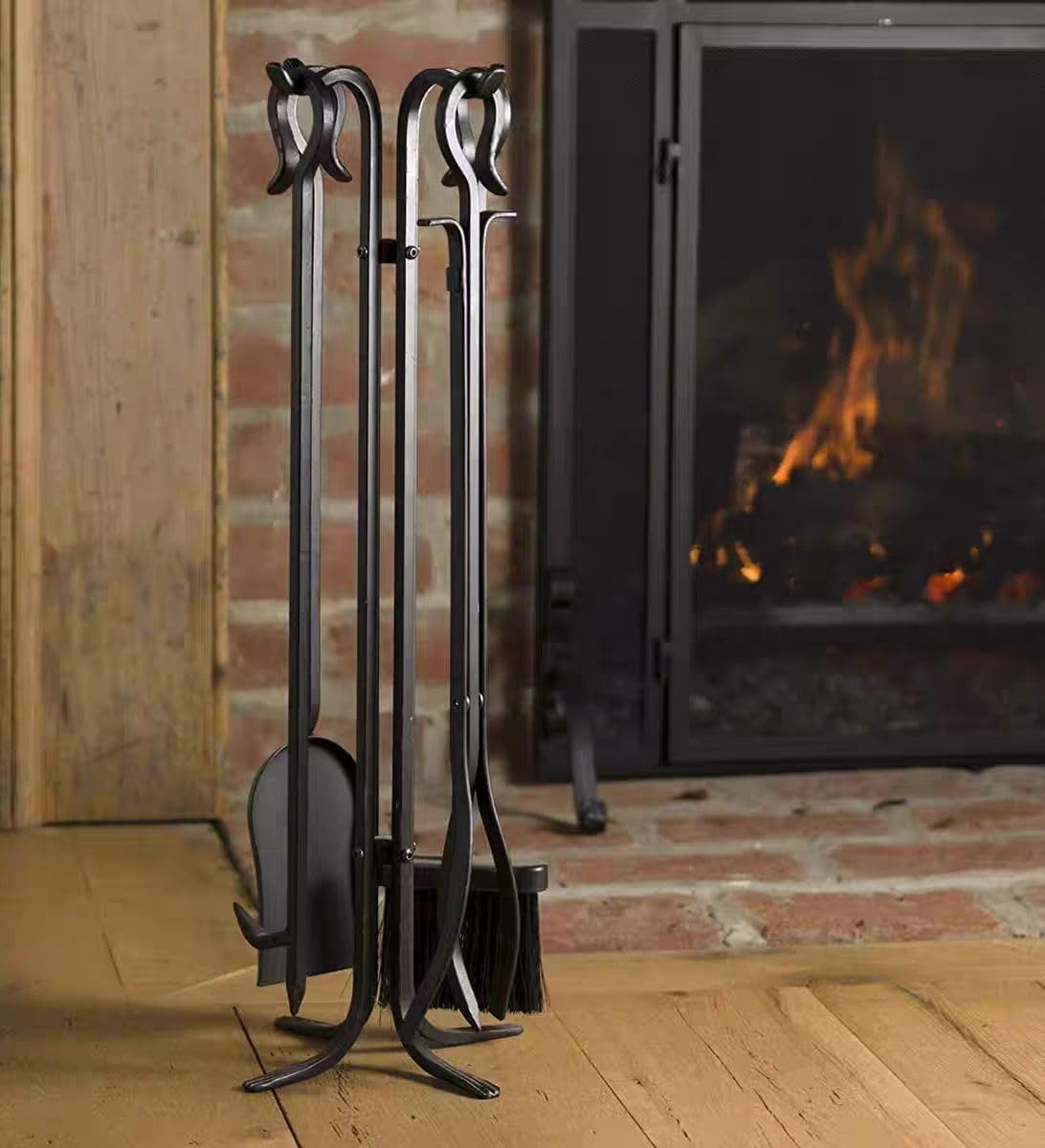 Set Attrezzi per Camino 5 Pezzi, Base con Attizzatoio, Pinza, Paletta E Scopa,Metallo,Strumenti per Camino in Ferro Battuto Nero E Accessori per Caminetto per Interni,Nero,31.5in