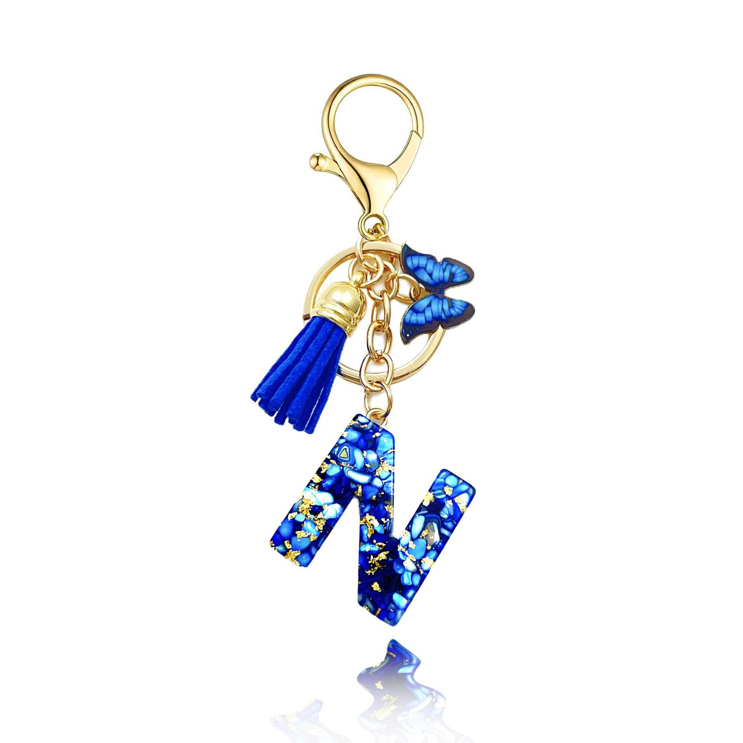 Baofuwan Keychain girl women letter key chain with initial letters butterfly handle pink blue golden for purse handbags school bag