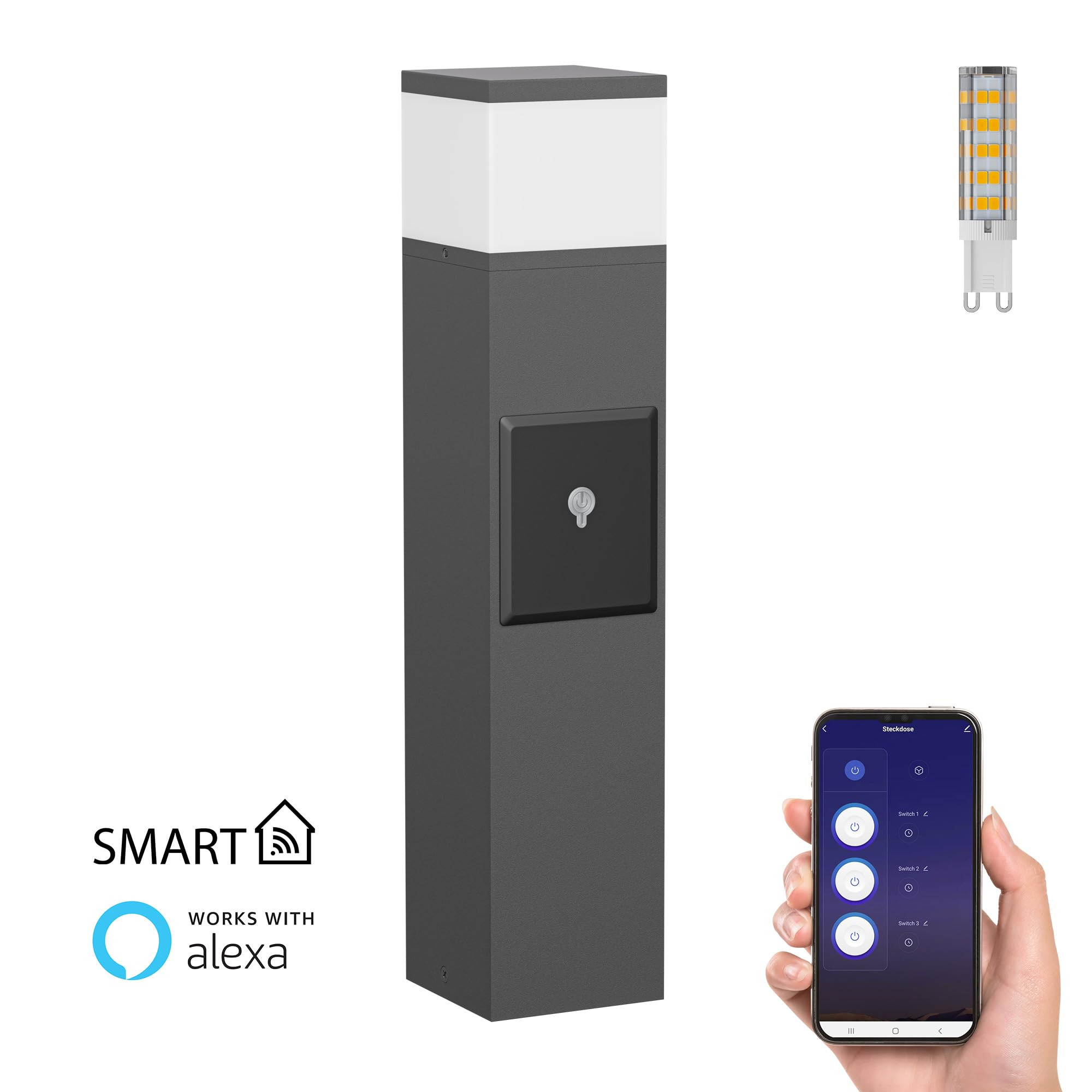 ledscom.de Bollard light PODEL per esterni, Smart Home, 39cm, antracite, 2 prese, incl. lampadina G9, 596lm, bianco