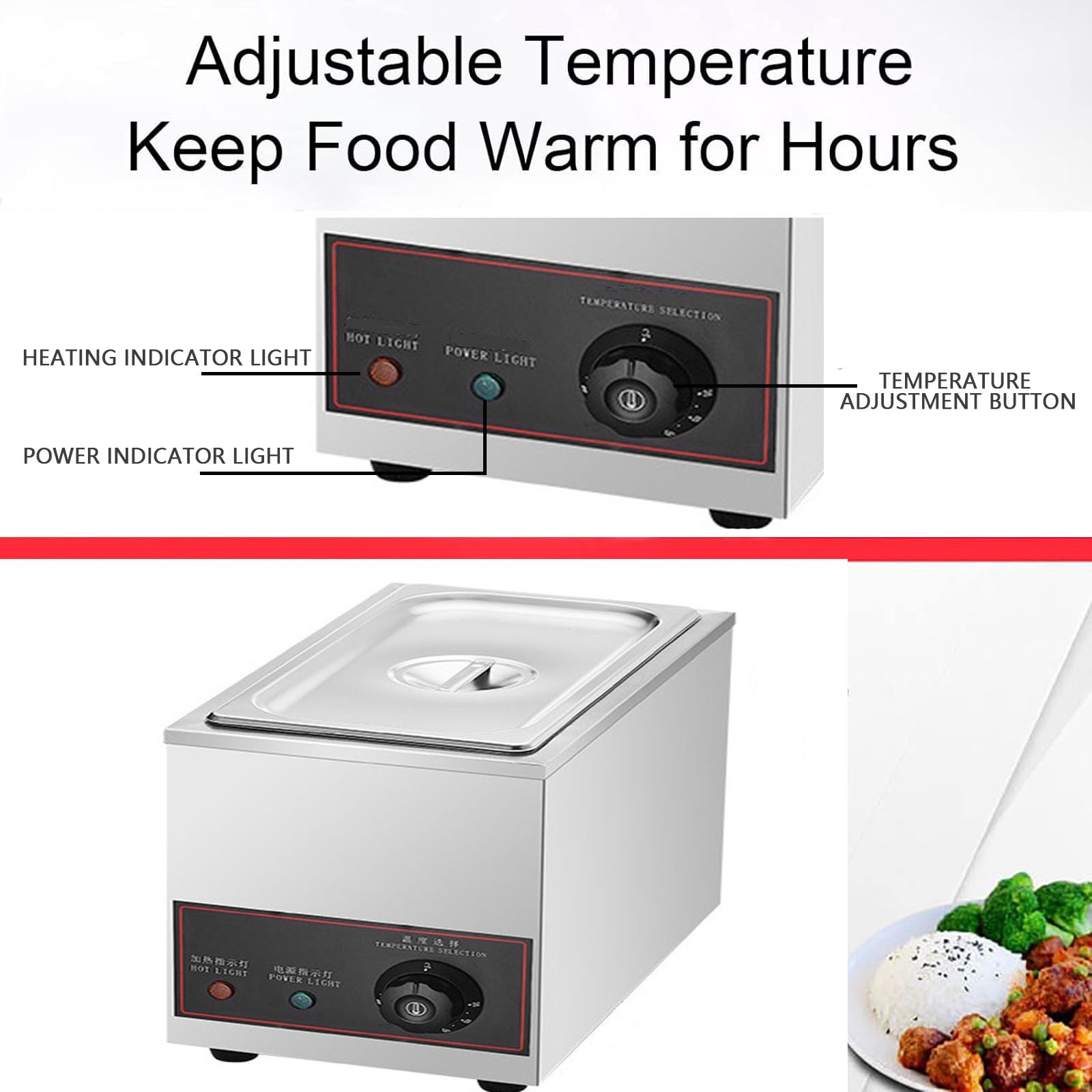 Scaldavivande commerciale da 800 W, in acciaio inox, con coperchio, perfetto per catering e ristoranti, tavolo a vapore per eventi e buffet