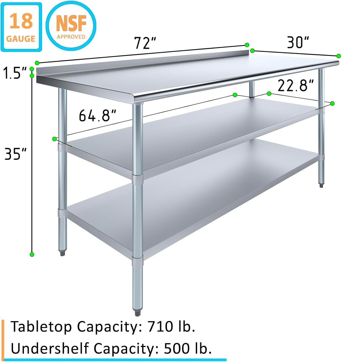Stainless Steel Work Table with 1.5" Backsplash and 2 Shelves | NSF (72" Long x 30" Deep)