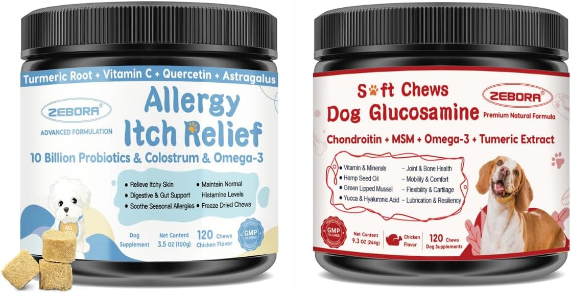 Dog Allergy Relief Chews, with Probiotics, Omega 3, Glucosamine for Dogs, Joint Supplement for Dogs with Chondroitin, MSM, Omega-3,