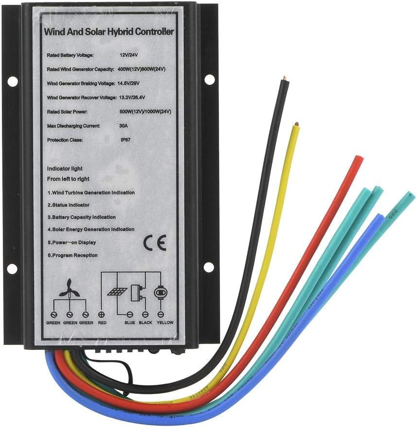 Wowobjects® Wind Solar Hybrid Charge Generator, 12/24V 400/800W Wind 500/1000W Solar Energy Hybrid Charge Controller for Wind Photovoltaic Hybrid Power Monitoring System