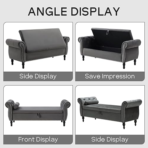 Miniatura 21 de NIOIIKIT Banco otomano de almacenamiento de 63 pulgadas, de piel sintética, banco de entrada con botones, sofá otomano armado enrollado, banco largo