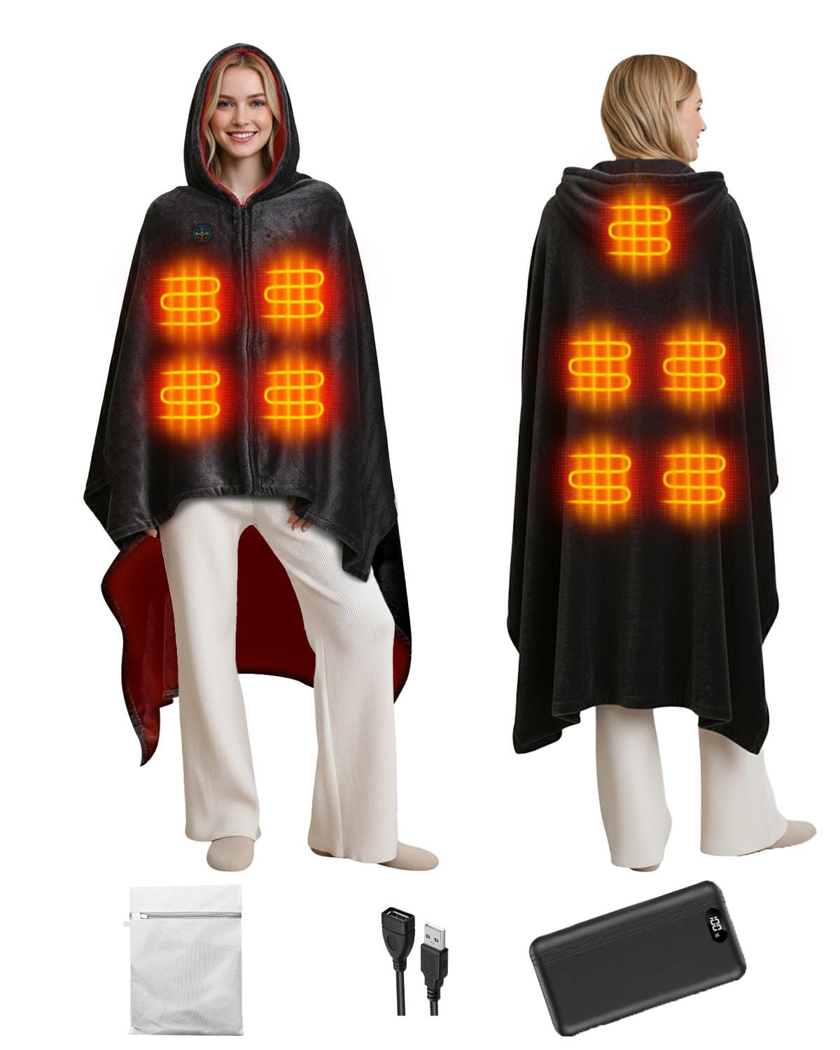 Electric Heated Throw Blanket with 20000mAh Power Bank & Extension Cord, 9 Heating Zones, ...