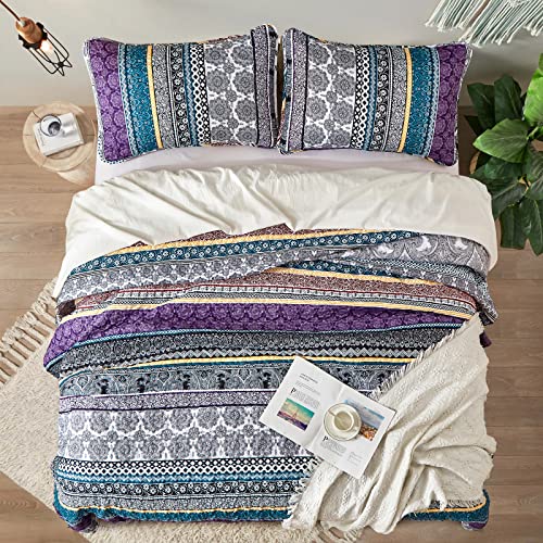 Boho Quilt Set Queen Size, Purple Bohemian 3 Pieces Quilt Sets, Lightweight Summer Bedspread Coverlet Bedding Set For All Season (96"X90") #TOP2