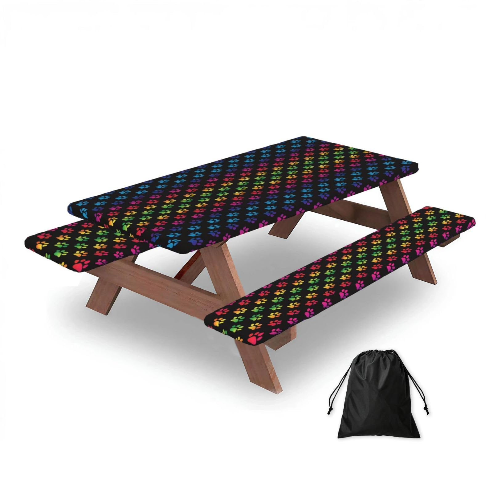 Rainbow Colorful Dog Paw, Picnic Table Cover With Bench Covers -Waterproof Elastic Fitted Tablecloth for Garden Camping Patio 76x152cm