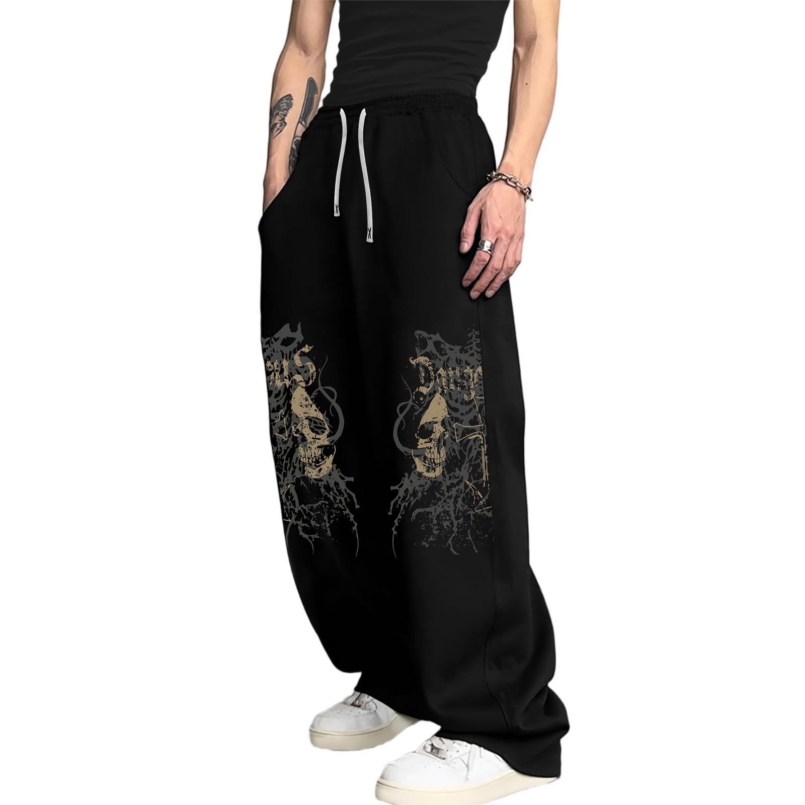 Baggy Sweatpants Mens Baggy Trousers, Gym Joggers Men with Distressed Skull Print, Vintage Dark Style Casual Outdoor Skate Wear Black