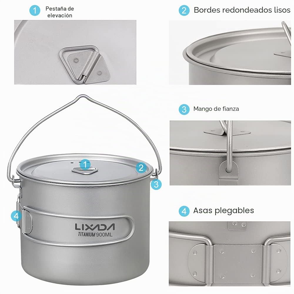 750 ml / 900 ml / 1100 ml Olla de Titanio Ultraligera Taza de Agua con Tapa y asa Plegable al Aire Camping Cocina Picnic