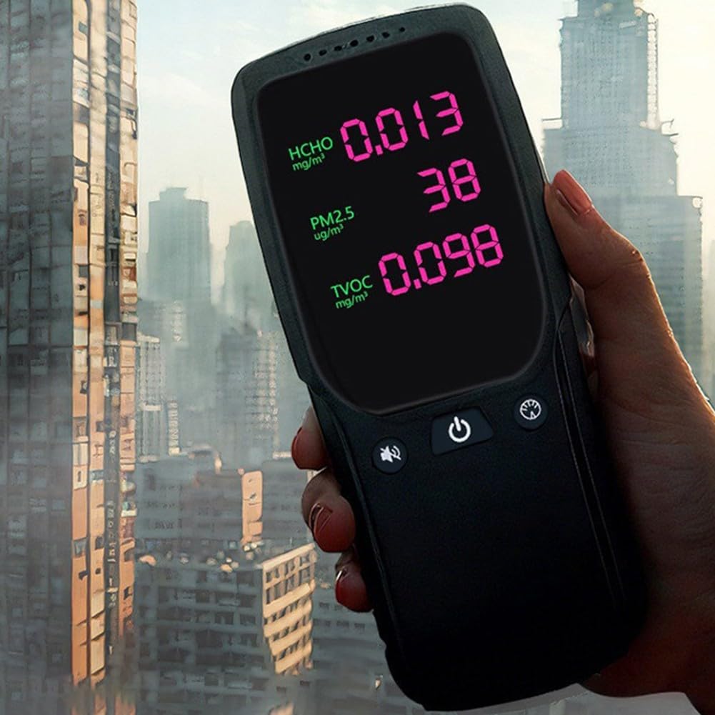 Professioneller Luftgüte Messgerät für Innenbereich, detektiert Feinstaub PM2.5 sowie Formaldehyd und TVOC Werte, kompakter Gaswarner mit Fan-System für gesundes Wohnklima in Haus oder Büro