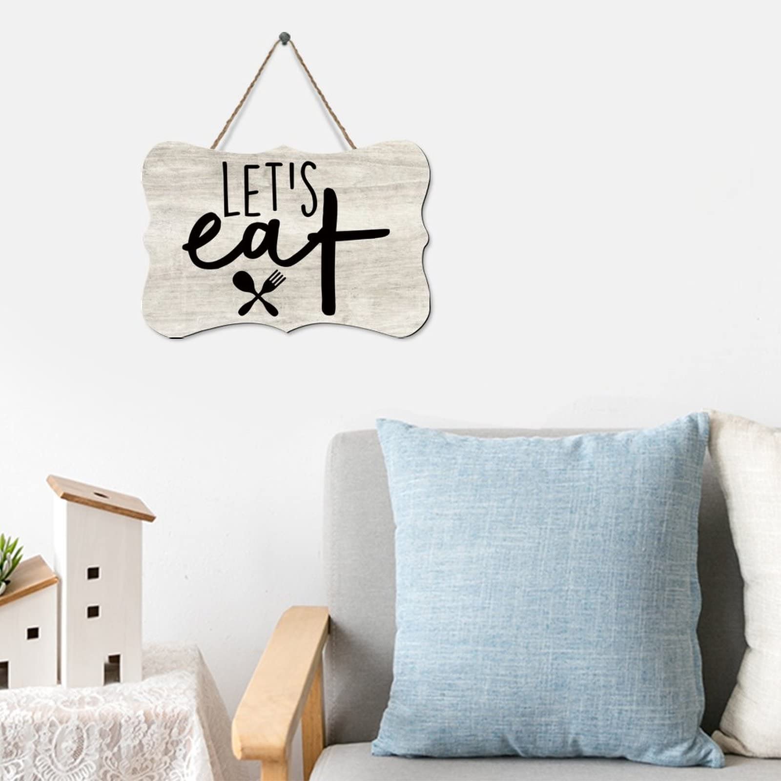 Jetec 5 Pcs Signe Let's Eat Décor Murale de Cuisine Décor de Cuisine en Bois Fourchette Cuillère et Couteau Plaque Suspendue en Bois Rustique de Ferme pour Café Restaurant (Noir