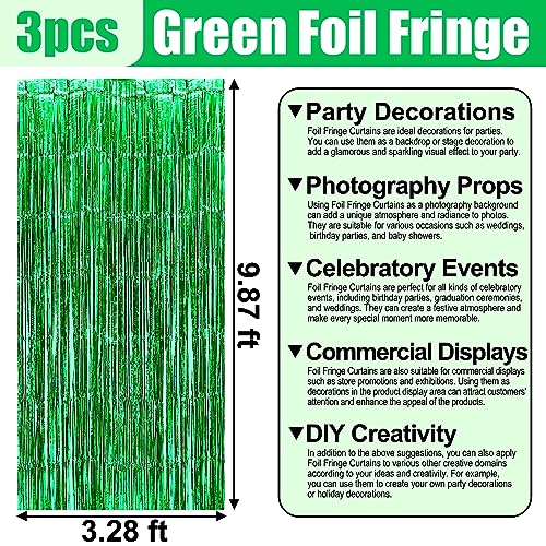 Image of 3 Pack Green Foil Fringe Curtain Backdrop, 3.28Ft x 9.8Ft Metallic Tinsel Foil Fringe Streamer Curtains for Photo Booth, Christmas Day, Thanksgiving, Wedding, New Year Party Decorations