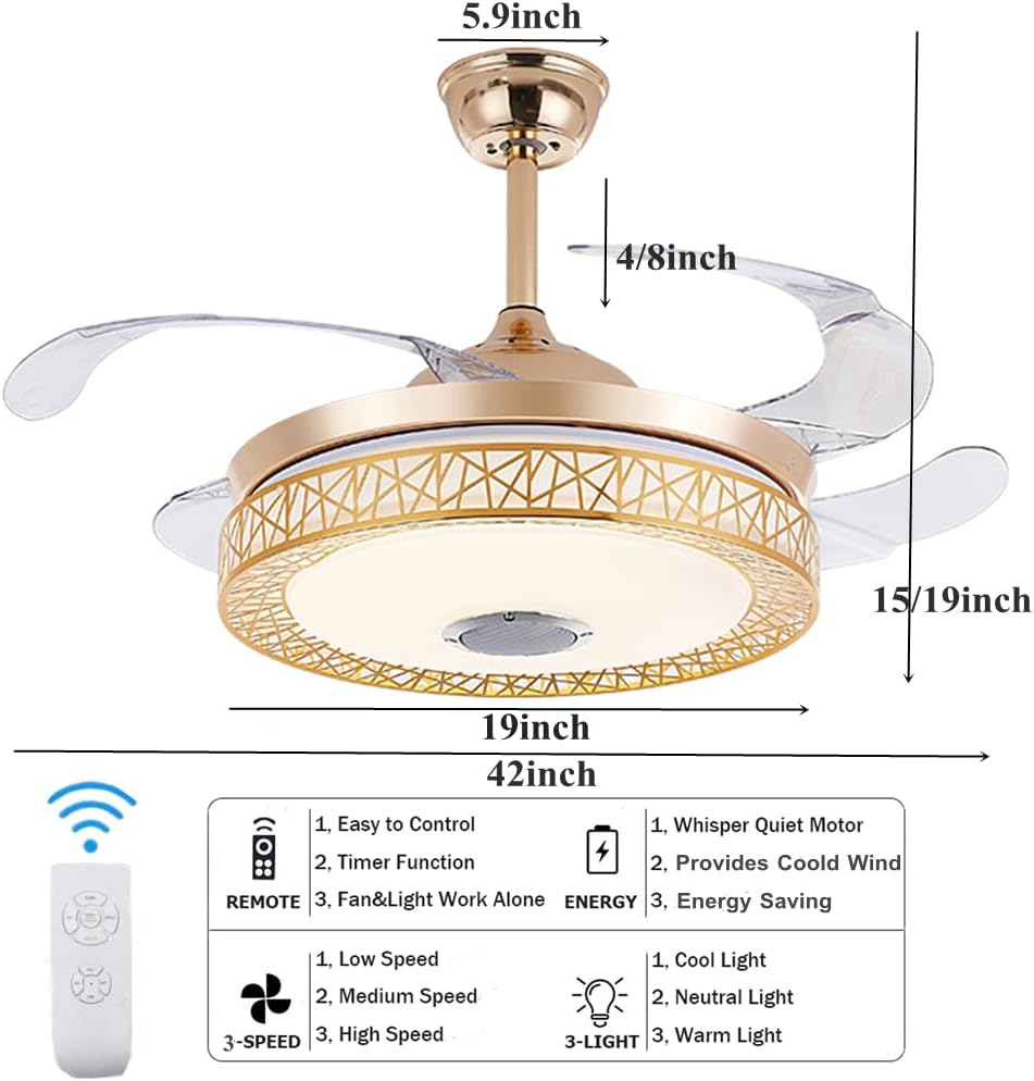 42inch Invisible Fandelier Ceiling Fan with Lights and Bluetooth Speaker, Retractable Fan Chandelier with Remote Control 3 Light Color 3 Speeds Silent Ceiling Fans For Bedroom Living Dining Room