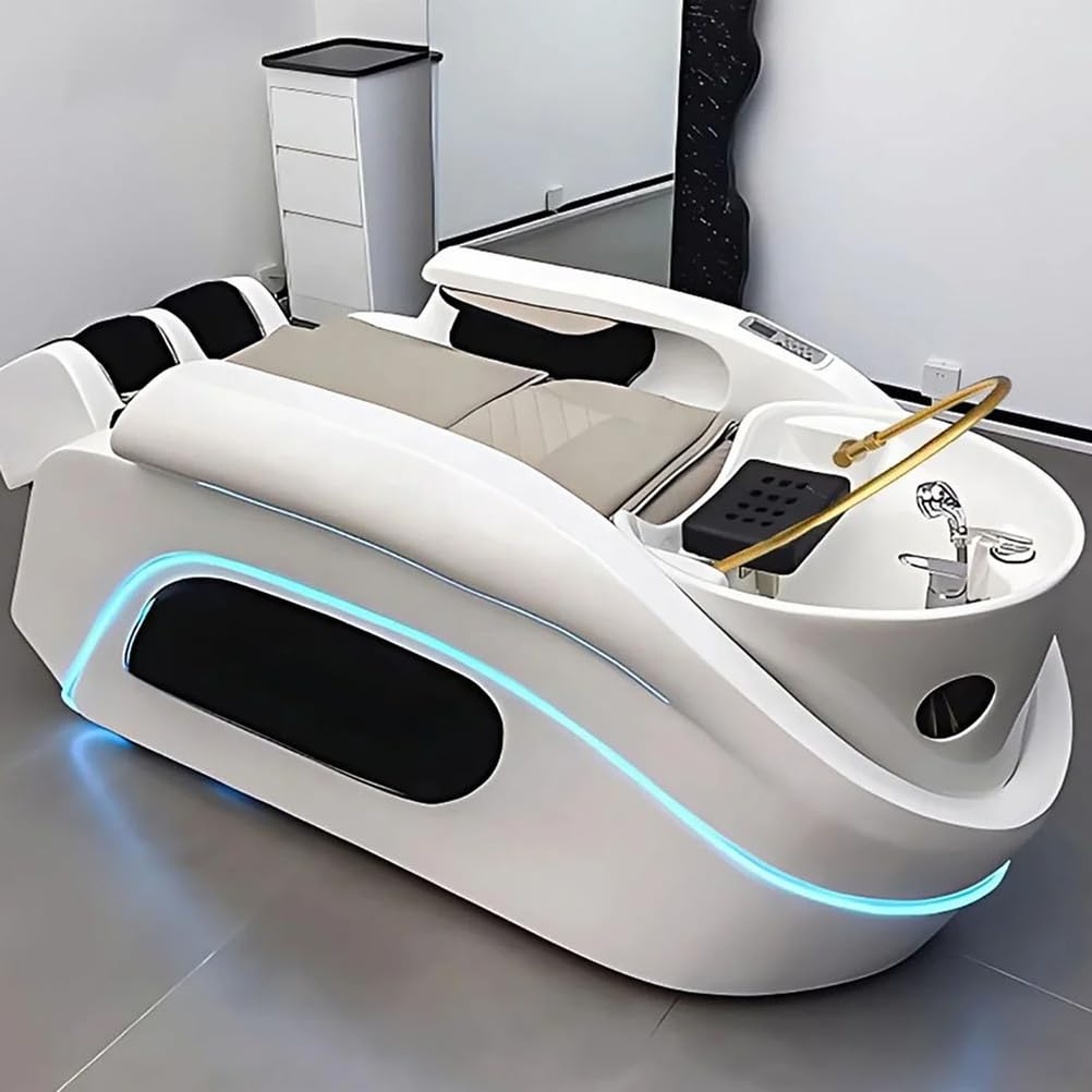 Professionelle Salon-Kopf-Spa-Ausstattung: Shampoo-Liege mit Ganzkörpermassage, Wasserfall und Lichtstreifen.
